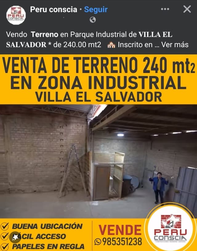 𝗩𝗲𝗻𝘁𝗮 𝗱𝗲 𝗧𝗲𝗿𝗿𝗲𝗻𝗼 en Zona Industrial *(𝐈2)*en Villa El Salvador de